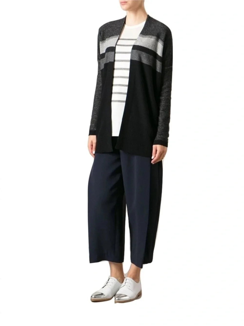 Vince Variegated Stripe Oversized Cardigan Black Gray Cashmere Blend Sweater S